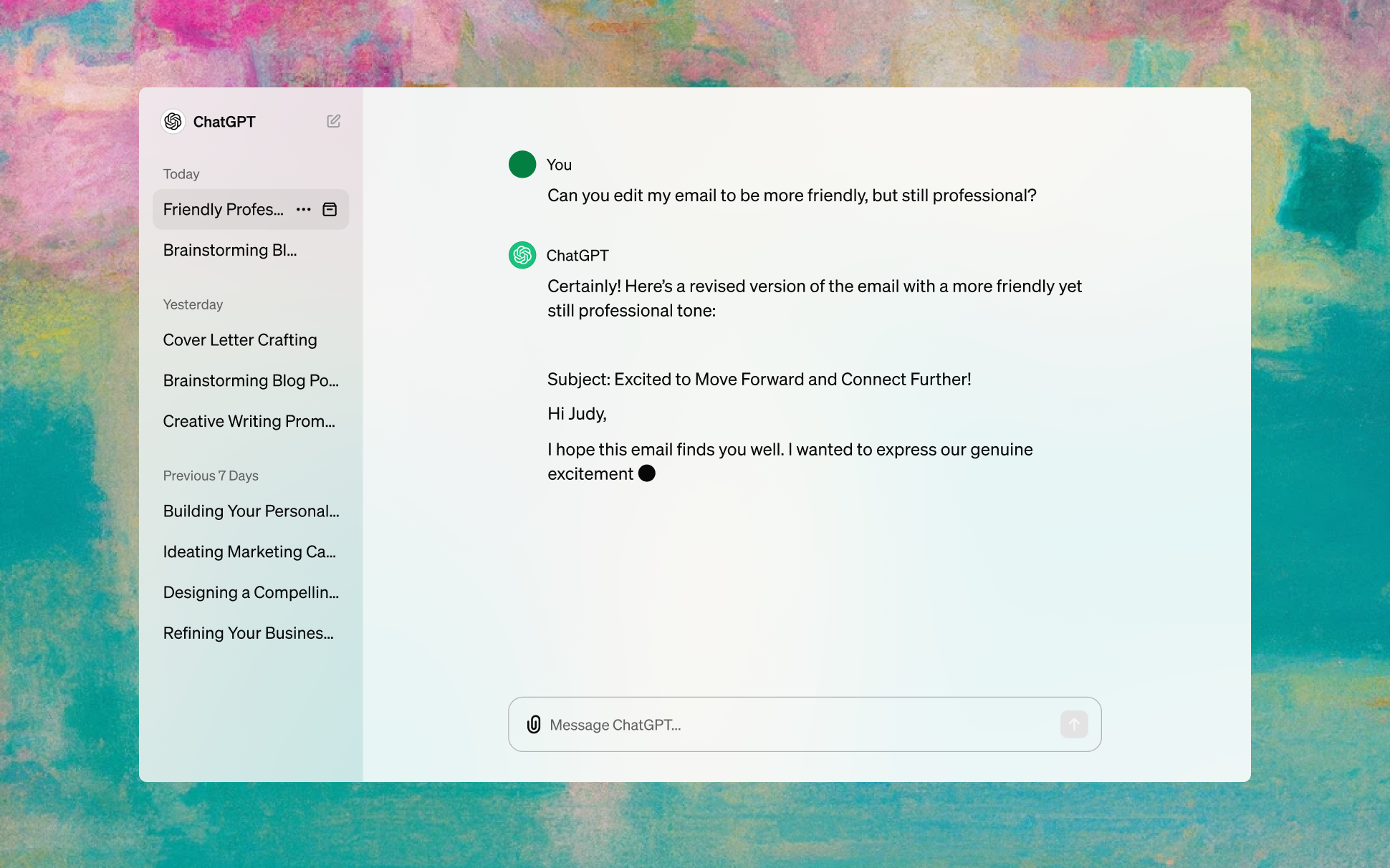 ChatGPT conversational interface showing the chat input field and OpenAI branding, representing one of the most widely adopted generative AI tools for text generation and analysis. The interface demonstrates the accessibility of AI technology for everyday users across different adoption segments.