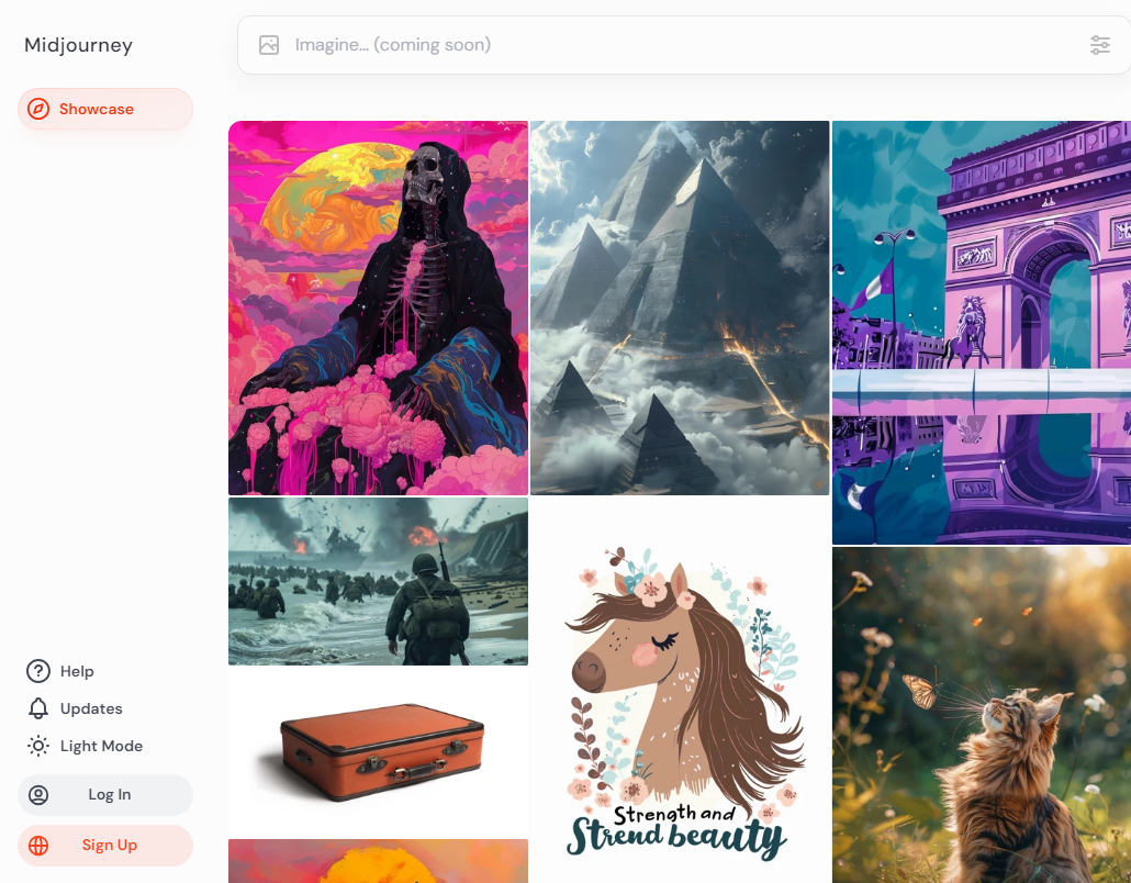 Midjourney AI image generation platform interface displaying the Discord-based system where users create visual content through text prompts. Represents the democratization of creative tools and how different adopter segments engage with generative AI for visual content creation.